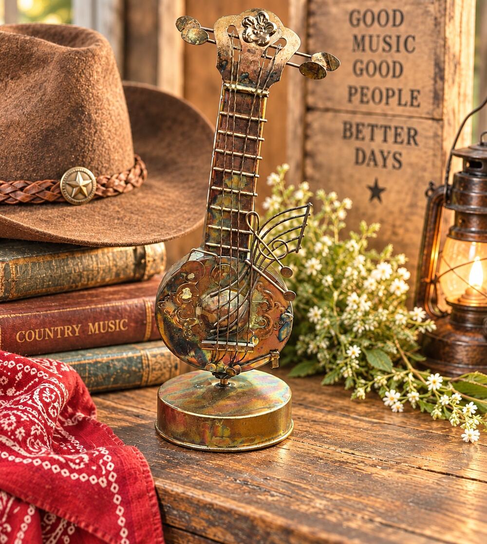 Vintage 70s Banjo Music Box Working Wind-Up Brass Metal Country Folk Decor